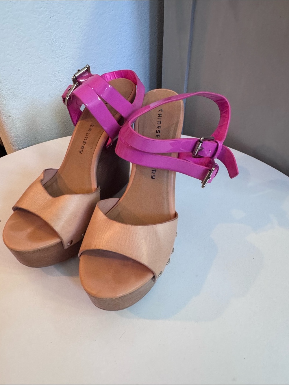 Chinese Laundry Fuchsia Ankle-Strap Platform Sandals with Natural Wood Upper